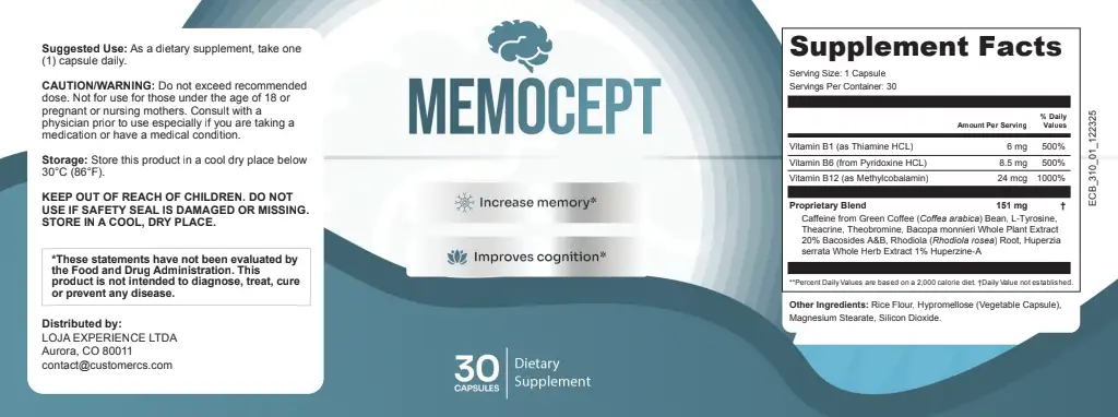 Memocept supplement facts label showing all ingredients: Bacopa Monnieri 300mg, Huperzine-A 200mcg, Rhodiola Rosea 250mg, L-Tyrosine 500mg, Green Coffee Extract 100mg